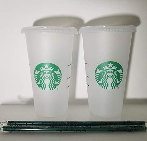 Starbucks 2 Pack Reusable Venti Frosted Cold Cup With Lid and Green Straw w-Stopper