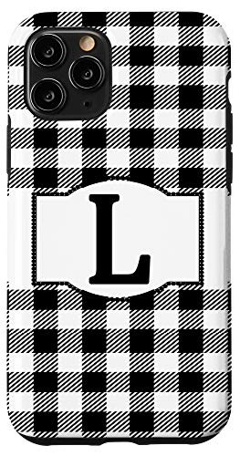 iPhone 11 Pro Black and White Buffalo Plaid Monogram Letter L Initial Gift Case
