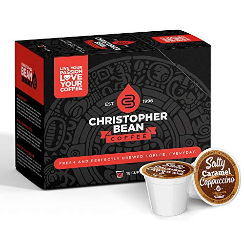 Salty Caramel Cappuccino Single Coffee Cup -Regular- 100 percent Recyclable Single Serve Flavored Pod 100 percent Arabica No Sugar No Fats Non-GMO 18 Cups of Regular Coffee Per Box  Christopher Bean