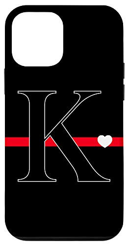 iPhone 12 mini Black Red Thin Line Monogram Letter K Initial Heart Case