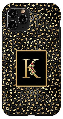 iPhone 11 Pro Modern Monogram Initial Letter K Black Leopard Pattern Case