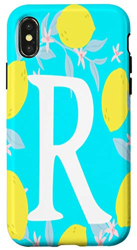 iPhone X-XS Letter R Monogram Yellow Lemon Teal Blue Background Wreath Case