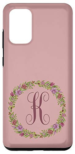 Galaxy S20 plus Monogram K Letter K Initial K Pink Floral Wreath Case