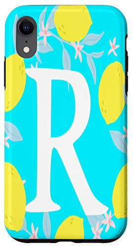 iPhone XR Letter R Monogram Yellow Lemon Teal Blue Background Wreath Case