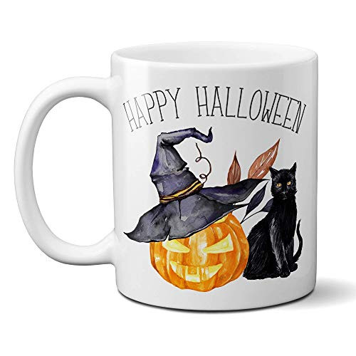 Happy Halloween Coffee Mug with Jack-O-Lantern and Black Cat 11 or 15 Ounce
