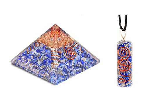 Lapis Lazuli Gemstone Orgone Pyramid Pendant Copper Spiral Reiki Healing Chakra Balancing Home Décor Good Luck Feng Shui Wealth Prosperity Stones Necklace Aura Cleansing Chakras Stone 2.5-3 In