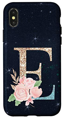 iPhone X-XS Floral Monogramm Letter E Stars Blue Background Case