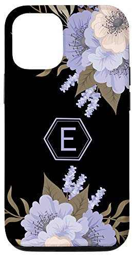 iPhone 12-12 Pro Letter E Initial Monogram Blue Flowers Floral On Black Gift Case