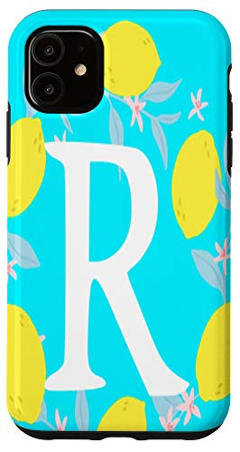 iPhone 11 Letter R Monogram Yellow Lemon Teal Blue Background Wreath Case
