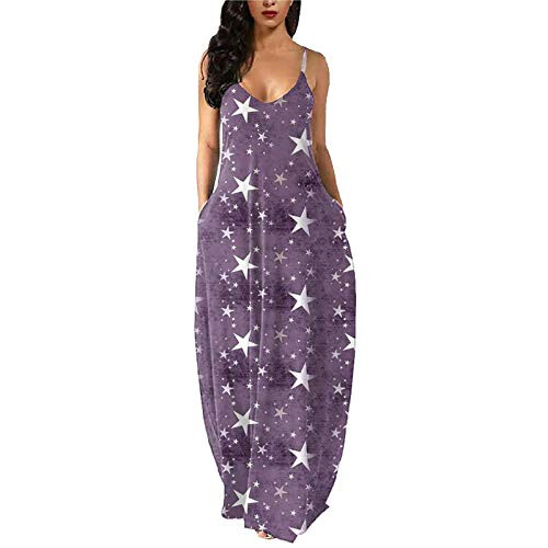 Dress for Women Casual Summer Plus Size Sleeveless O-Neck Print Dress Loose Long Maxi Party Dress with Pockets Purple