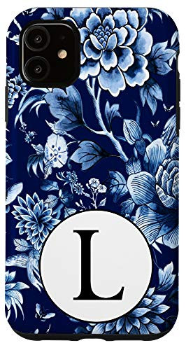 iPhone 11 Indigo Blue Chinoiserie Pattern Monogram Initial Letter "L" Case
