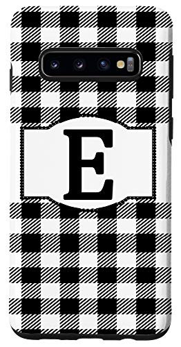 Galaxy S10 Black and White Buffalo Plaid Monogram Letter E Initial Gift Case