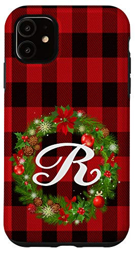 iPhone 11 Letter R Initial Buffalo Red Plaid Monogram Christmas Gift Case