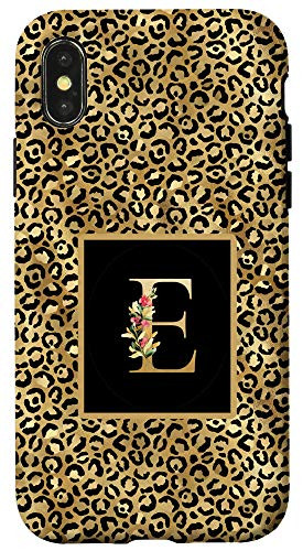 iPhone X-XS Modern Monogram Initial Letter E Leopard Animal Pattern Case