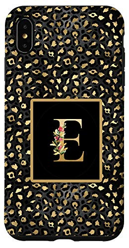 iPhone XS Max Modern Monogram Initial Letter E Black Leopard Pattern Case