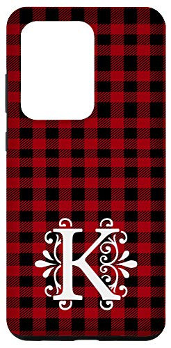 Galaxy S20 Ultra Red and Black Buffalo Plaid Monogram Letter K Initial Gift Case
