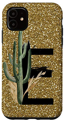 iPhone 11 Monogram Letter E Leaves Gold Background Black Initial E Case