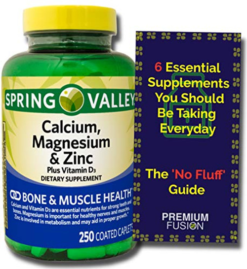Calcium Magnesium  and  Zinc Plus - Vitamin D3 Coated Caplets 250 Count from Spring Valley - Healthy Bones Teeth Nerve Muscle Heart  and  Immune Function  plus Vitamin Pouch and Guide to Supplements