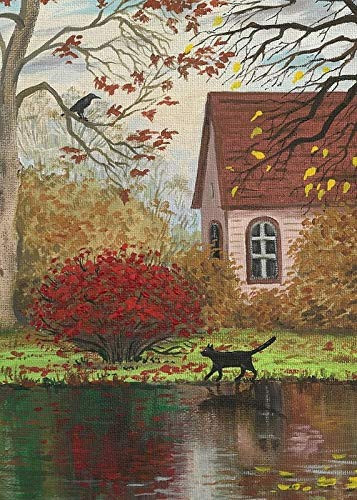 5X7 INCH PRINT OF ORIGINAL PAINTING RYTA BLACK CAT HALLOWEEN AUTUMN FALL RAVEN CROW POND SEASON SEASONAL INTERIOR HOME HOUSE DESIGN DECOR DECORATION FINE WALL ART