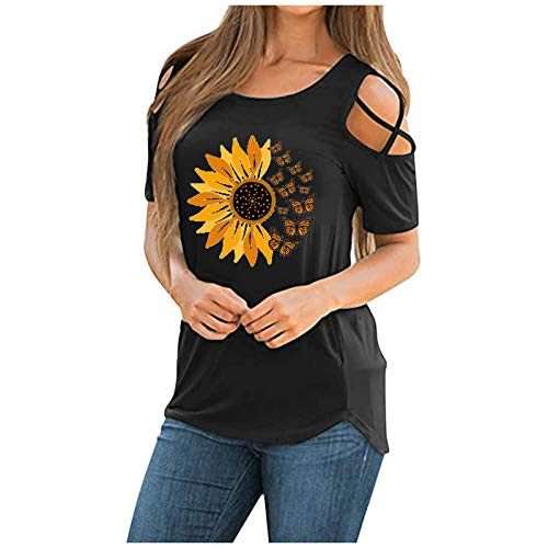 Hmazy O Neck Short Sleeve T Shirts Summer Sunflower Printed Off-The-Shoulder Women Shirts Loose Tops Black