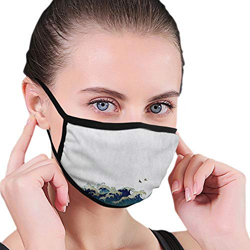 Comfortable Windproof maskJapanese Wave Aquatic Swirls Birds of Ocean Ukiyo-e Style Artwork Greyscale BackgroundGrey Blue CreamPrinted Facial decorations for Women and Men