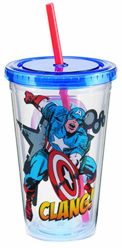 Vandor 26214 Marvel Captain America 18 oz Acrylic Travel Cup with Lid and Straw, Multicolor