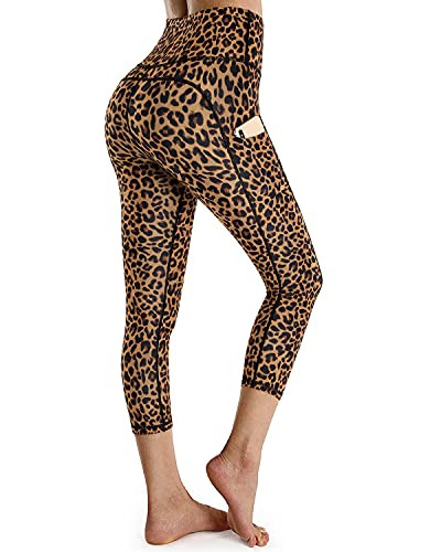 OUGES Womens High Waist Pockets Yoga Pants Running Pants Workout Leopard Capris Leggings-Leopard F Capris-20inchS-