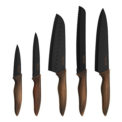 Hecef Kitchen Knife Set, Stainless Steel Non Stick Black Color Coating Blade Knives, Includes 8'' Chef Knife, 8'' Bread Knife, 7'' Santoku Knife, 5''Utility Knife and 3.5'' Paring Knife Hecef Kitchen Knife Set, Stainless Steel Non Stick Black Color Coating Blade Knives, Includes 8'' Chef Knife, 8'' Bread Knife, 7'' Santoku Knife, 5''Utility Knife and 3.5'' Paring Knife