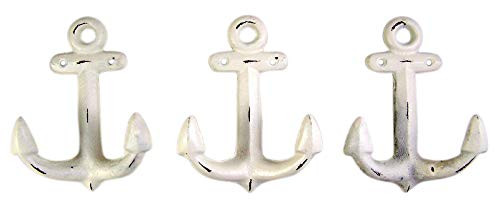 Primitive White Cast Iron Anchor Wall Hooks, 5 3/4 Inches, Set of 3