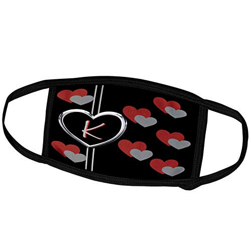 3dRose Charlyn Woodruff - CW Designs Monogram - Hearts - Modern Geometric Black Red Grey Hearts Pattern Monogram Letter K - Face Masks -fm-215202-2-
