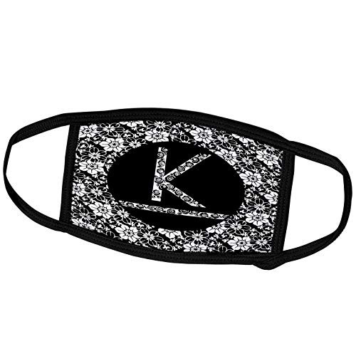 3dRose Russ Billington Monograms - Pretty Black and White Floral Monogram Letter K - Face Masks -fm-241318-3-