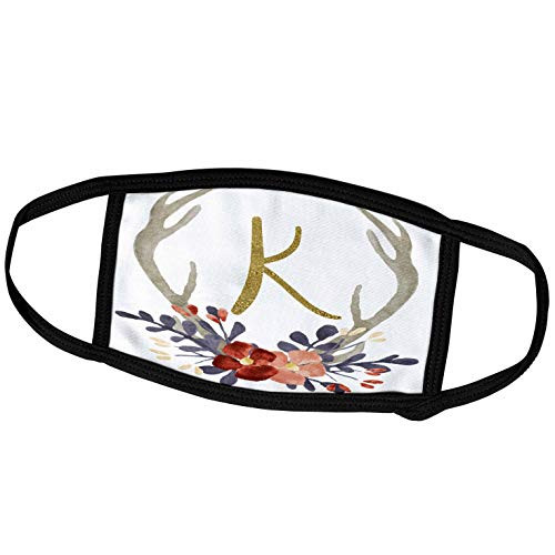 3dRose Anne Marie Baugh - Monograms - Glam Gold K Monogram in A Watercolor Pink and Blue Floral Antler - Face Masks -fm-267722-2-