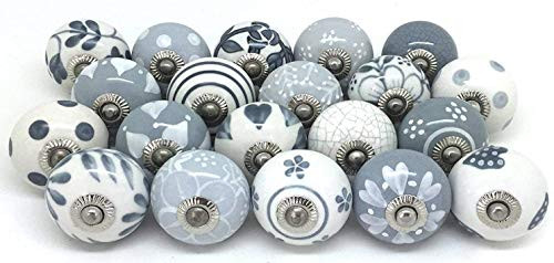 Indian Accent Knobs Grey  and  White Cream Rare Hand Painted Ceramic Knobs Cabinet Drawer Pull Pulls -12 Knobs-