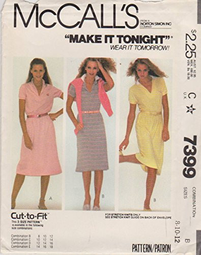 McCall's 7399 Sewing Pattern Misses' Pullover Knit Dress Size B -- 8 10 12