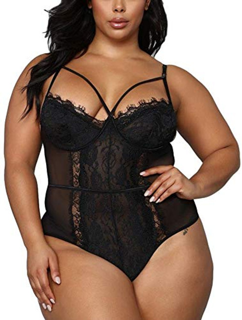 Plus Size Lingerie for Women Sexy Eyelash Lace Bodysuit Naughty See Through Mesh One Piece Teddy Outfits-663aBlackXL-