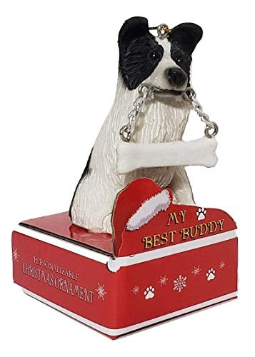 E  and  S Pets Border Collie Statue with Bone Christmas Ornament on Red Cardboard Box Base