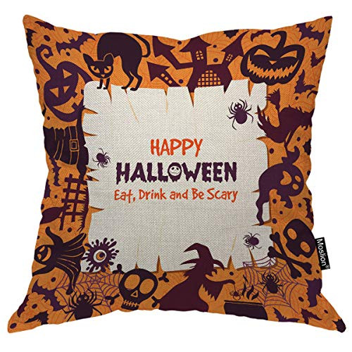 Moslion Halloween Party 18x18 Inch Pillow Case Skull Witch Cat Pumpkin Castle Hat Spider Decorative Throw Pillow Cover Square Cushion Cotton Linen Canvas for Women Men Orange