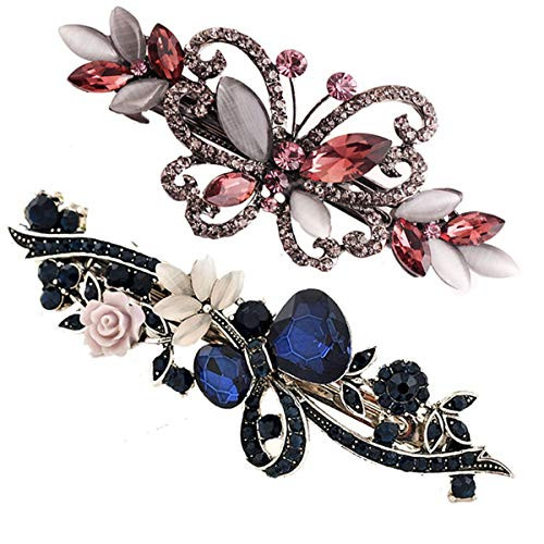 2PCS Women Crystal Rhinestones Hair Barrettes Flower Butterfly French Clip Vintage Spring Hair Clips Hair Accessories -B - 2PCS Women Crystal Rhinestones Hair Barrettes Flower Butterfly French Clip Vintage Spring Hair Clips Hair Accessories -B -
