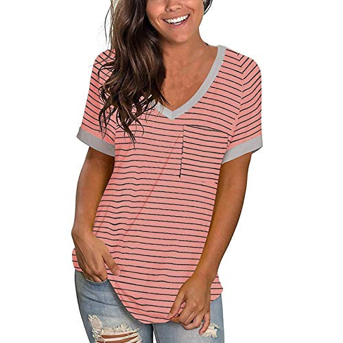 OutTop Women's Summer T Shirts Striped V Neck Short Sleeve Tees with Pocket Casual Loose Comfy Tunic Tops Blouse -Red L- OutTop Women's Summer T Shirts Striped V Neck Short Sleeve Tees with Pocket Casual Loose Comfy Tunic Tops Blouse -Red L-