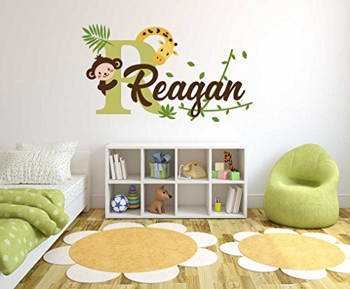 Custom Name  and  Initial Giraffe Monkey and Branches - Baby Boy - Nursery Wall Decal for Baby ROM Decorations - Mural Wall Decal Sticker for Home Children's Bedroom -R88- -Wide 22" x 13" Height-