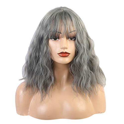 Short Bob Wavy Curly Gray  and White Wig Hair Women Cosplay Halloween Wigs Including Wig Cap -14 Inches-