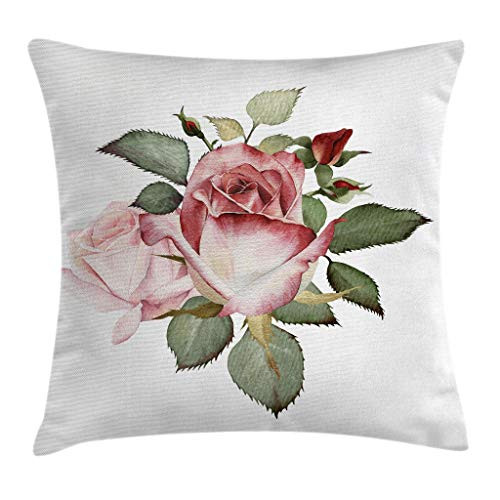 Ambesonne Flower Decor Throw Pillow Cushion Cover, Shabby Chic Romantic Decor with a Big Roses and Leaves Buds Hand Color Image, Decorative Square Accent Pillow Case, 16 X 16 Inches, Pink and Red