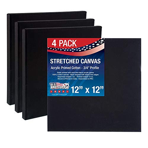 US Art Supply 12 x 12 inch Black Professional Quality Acid Free Stretched Canvas 4-Pack - 3-4 Profile 12 Ounce Primed Gesso - -1 Full Case of 4 Single Canvases-