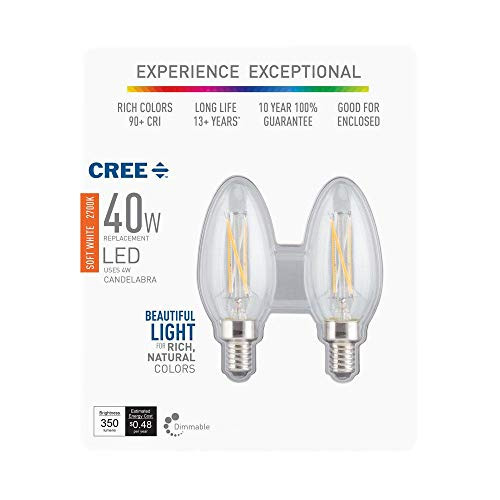 Cree 40W Equivalent Soft White -2700K- B11 Candelabra Exceptional Light Quality Dimmable E12 LED Light Bulb -2-Pack-