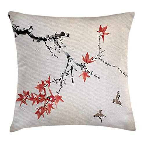 Ambesonne Japanese Throw Pillow Cushion Cover, Cherry Blossom Sakura Tree Branches Romantic Spring Themed Watercolor Picture, Decorative Square Accent Pillow Case, 16 X 16 Inches, Coral Black