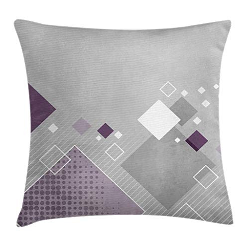 Ambesonne Abstract Throw Pillow Cushion Cover, Geometric Composition with Different Colored Squares Striped Dotted Rhombus, Decorative Square Accent Pillow Case, 16 X 16 Inches, Grey Purple White