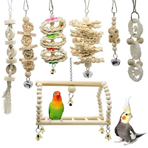 WiseLight 7 Pcs Bird Swing Chewing Toys Natural Wood Parrots Climbing Hammock Hanging Bell Cage Toys for Parakeets Cockatiels Conures Finches Budgie Macaws Love Birds WiseLight 7 Pcs Bird Swing Chewing Toys Natural Wood Parrots Climbing Hammock Hanging Bell Cage Toys for Parakeets Cockatiels Conures Finches Budgie Macaws Love Birds
