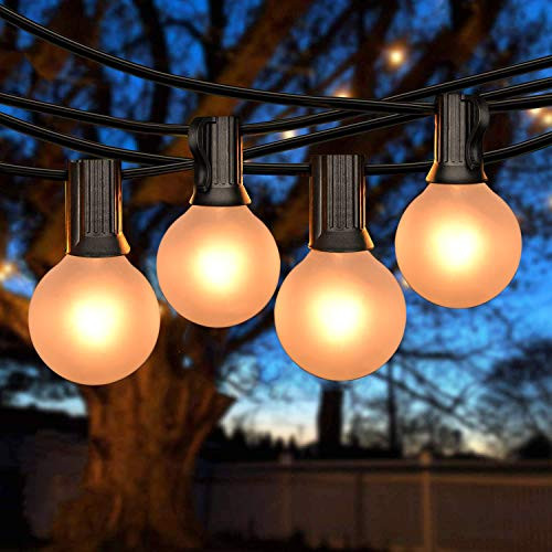 25Ft Outdoor Frosted String Lights G40 Globe Patio Light String with 27 Frosted Edison Bulbs-2 Spare- Hanging Vintage Patio Lights for Indoor Outdoor Party Patio Cafe Umbrella Decor- Black Wire