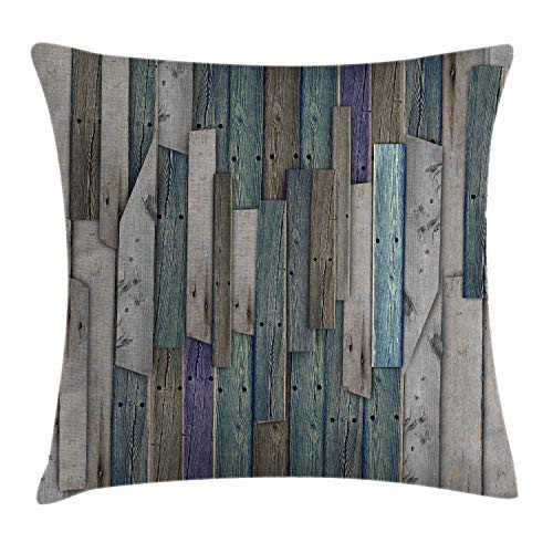 Ambesonne Wooden Throw Pillow Cushion Cover, Blue Grey Grunge Rustic Planks Barn House Wood and Nails Lodge Hardwood Graphic Print, Decorative Square Accent Pillow Case, 16 X 16 inches, Gray Blue