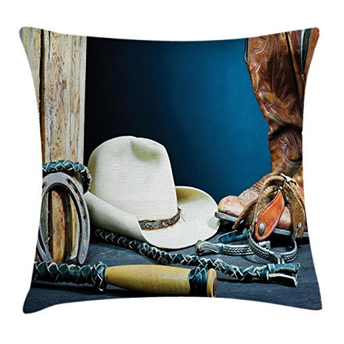 Ambesonne Western Decor Throw Pillow Cushion Cover, Equestrian Backdrop with Antique Horseshoe Hat Cowboy Texas Style, Decorative Square Accent Pillow Case, 16 X 16 Inches, Blue Brown and Beige